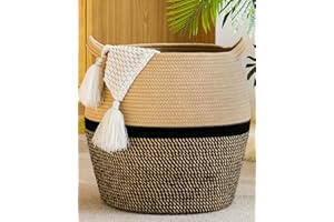 KAKAMAY Woven Baskets for Storage(17"x17"),Large Cotton Rope Woven Baby Laundry Hamper,Collapsible Laundry Basket, Blanket Basket for Organizing Living Room,Nursery,Clothes,Toy chest (Black)