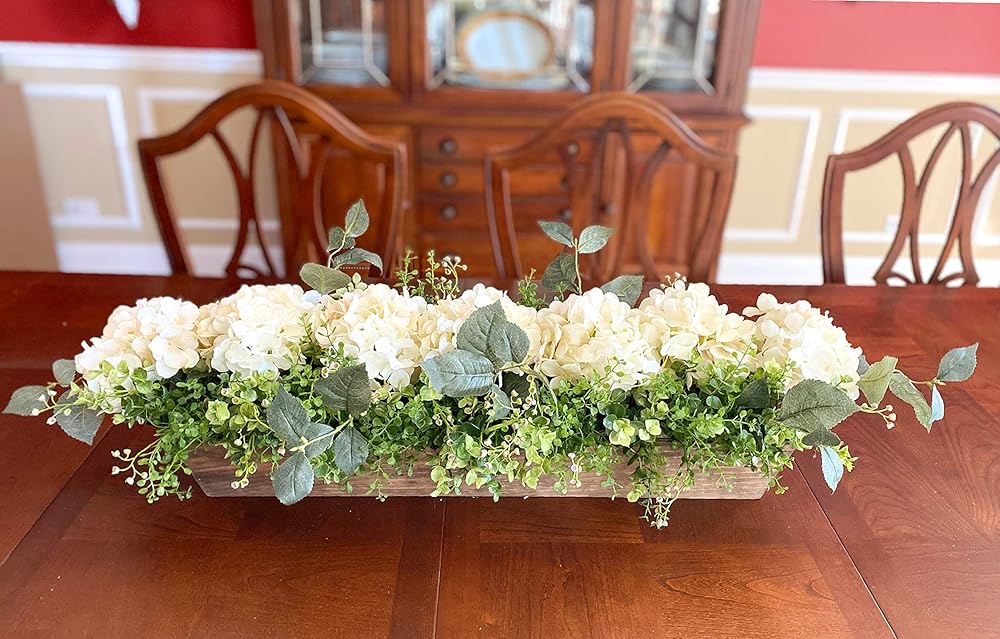 32 Inch Long Farmhouse Hydrangea Centerpiece with Greenery