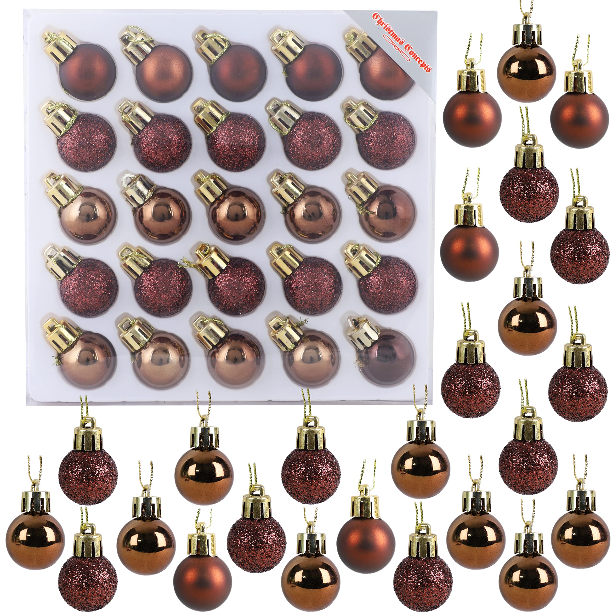 Christmas Concepts® Pack of 25-25mm, 2.5cm (1") Mini Christmas Tree Baubles - Shiny, Matte & Glitter Decorated Baubles (Brown)