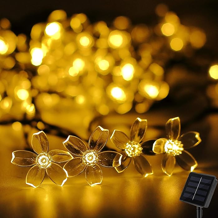 Darknessbreak Warm White Solar Flower String Lights Sakura lishts,23ft 50 LED Blossom Flower String Light Solar Power for Outdoor Garden,Lawn,Patio,Christmas Tree,Mother's Day Party Decorations.