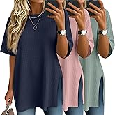 Baggyfly 3 Pack Women's Oversized Waffle Knit Short Sleeve Tops Side Split Crewneck Loose Long T-Shirts Summer Casual Tees