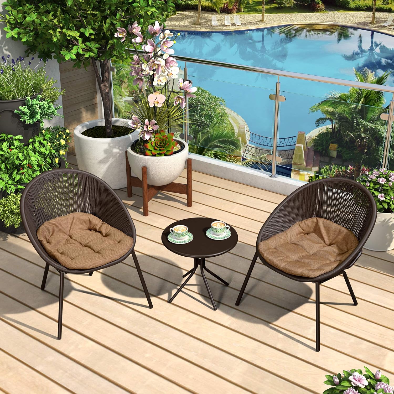 PURPLE LEAF 3 Pieces Patio Bistro Set with Weather Resistant Steel Frame and Circular Table Conversation Set, Cushions Included, Coffee: Garden & Outdoor