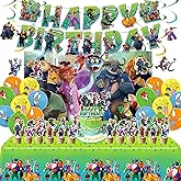 Zootopia Birthday Party Decorations Set - 1 Backdrop (39" x 59"), 1 Big Topper, 1 Tablecloth, 15 Birthday Banner, 24 Cupcake Toppers, 16 Balloons, 6 Hanging Swirls - JungleThemed Game Celebration