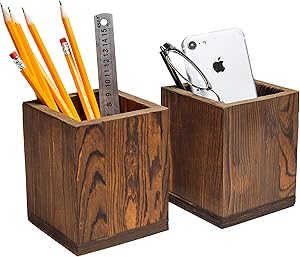 Set of 2 Natural Grain Wood Desktop Pen & Pencil Holder Cups, Office Supplies Organizer, Brown