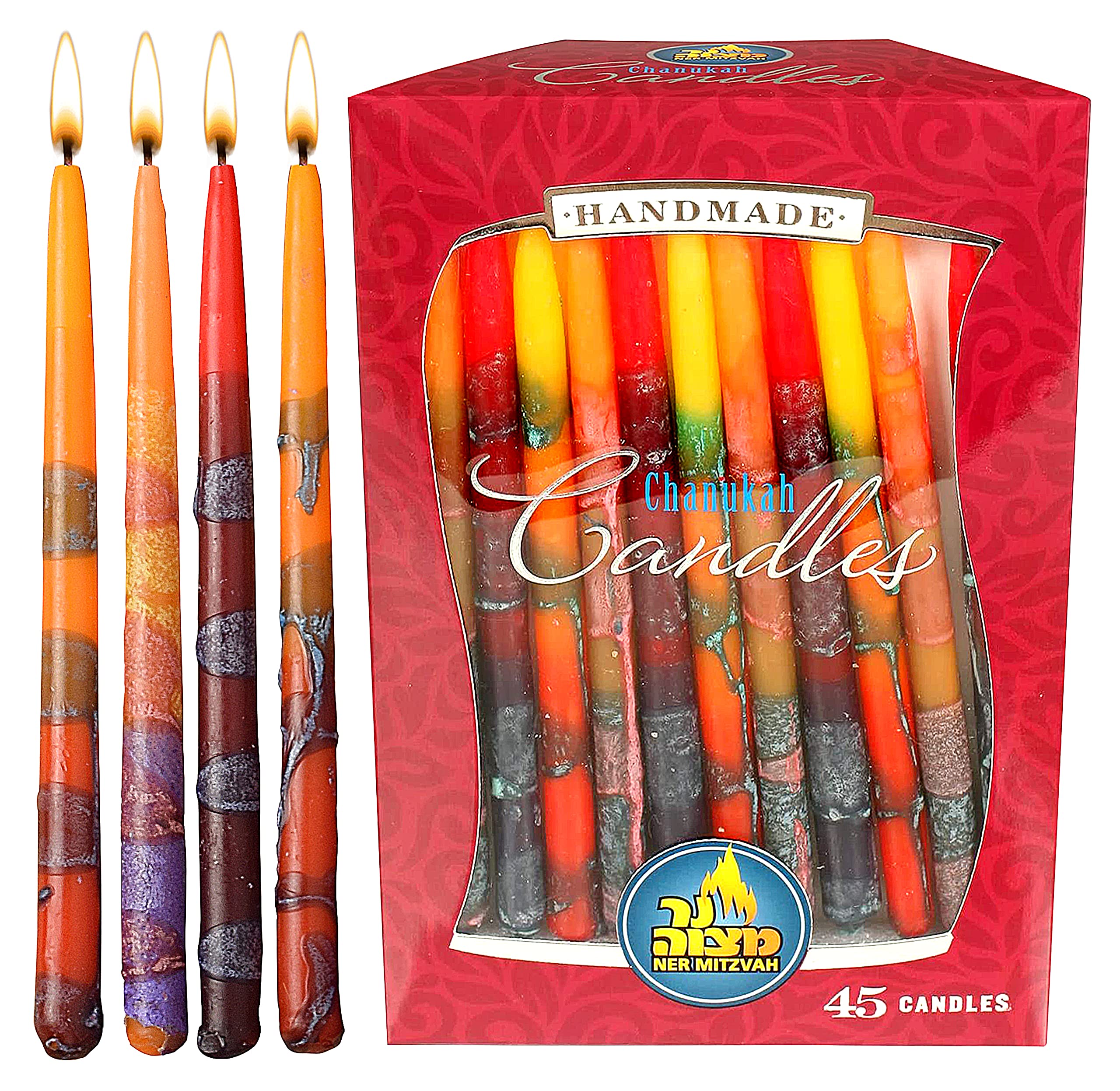 Ner Mitzvah Colorful Dripless Handmade Chanukah Candles - Standard Size Fits Most Menorahs - Premium Quality Wax - Assorted Colors - 45 Count for All 8 Nights of Hanukkah