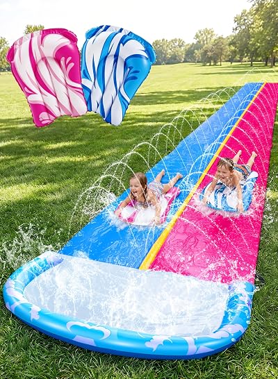JOYIN 22.5ft Water Slide with 2 Bodyboards Backyard Splash Pool Blue Pink
