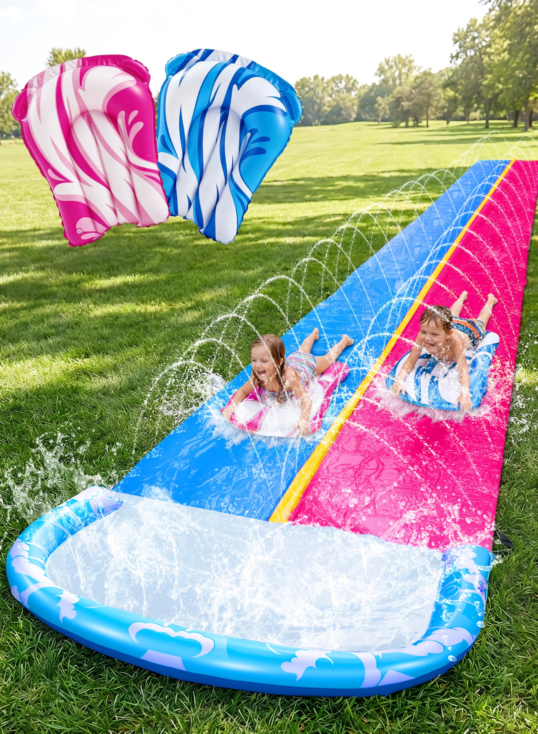 JOYIN 22.5ft/685.8cm Water Slides and 2 Bodyboards, Lawn Water Slide Summer Slip Waterslides Water Toy with Build in Sprinkler for Backyard Outdoor Water Fun for Kids,Blue,Pink