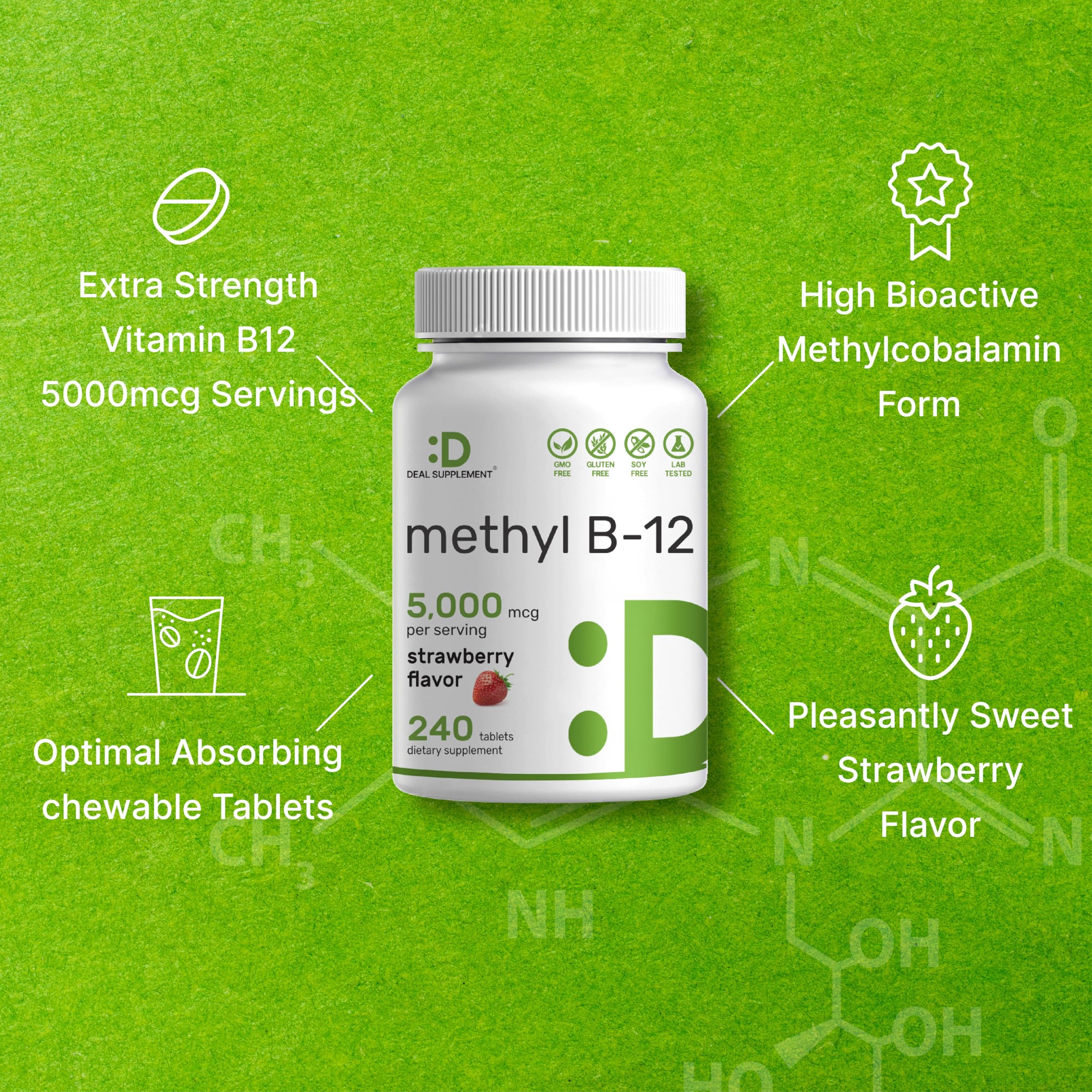 DEAL SUPPLEMENT Methyl B-12 Vitamins 5000 mcg, 240 Chewable Tablets | Active Form - Strawberry Flavored - Energy Support & Brain Health Function - Vegetarian & GMO Free