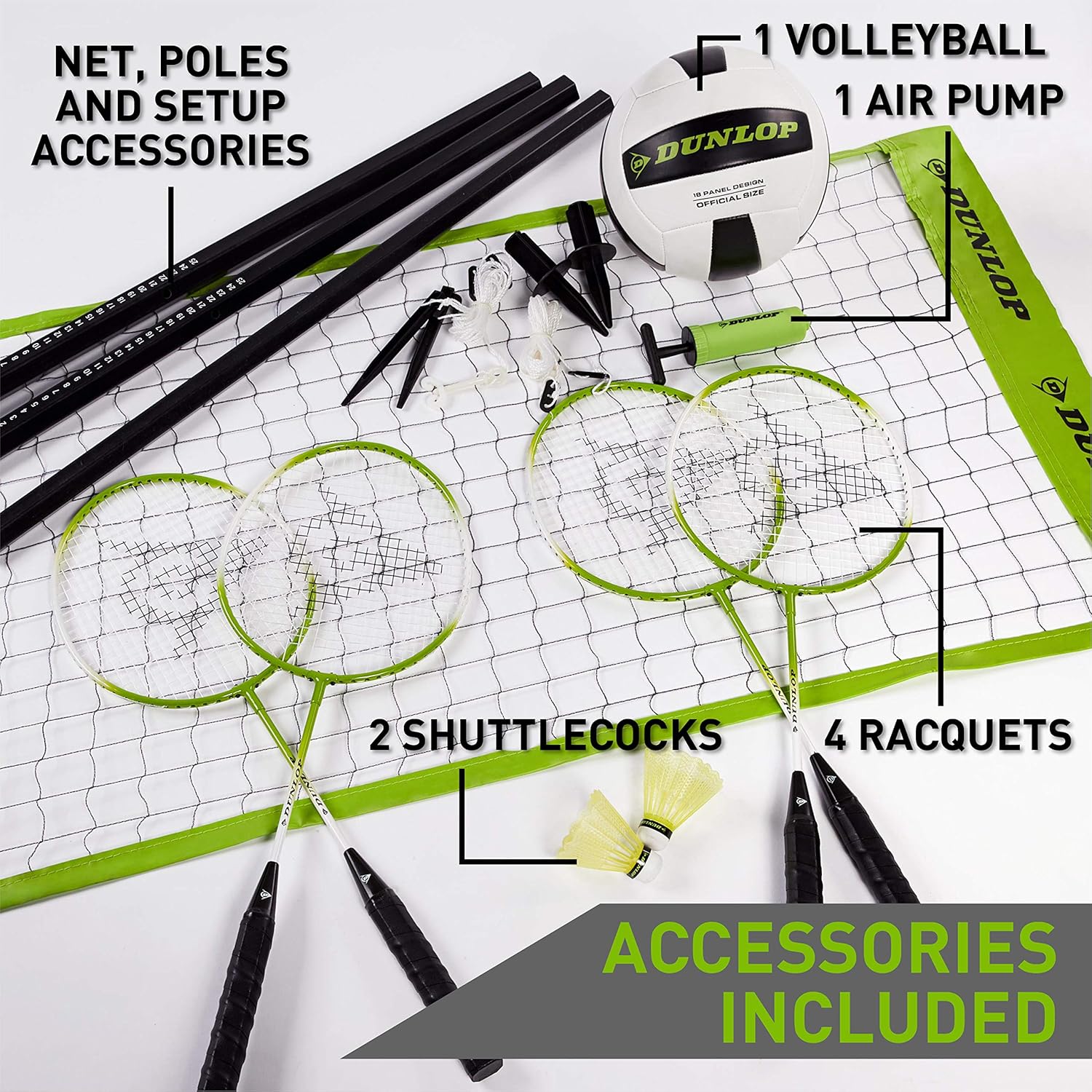 DUNLOP Outdoor Volleyball Badminton Lawn Game: 11-Piece Outdoor Backyard Party Set with Carrying Case, Black/Green : Sports & Outdoors