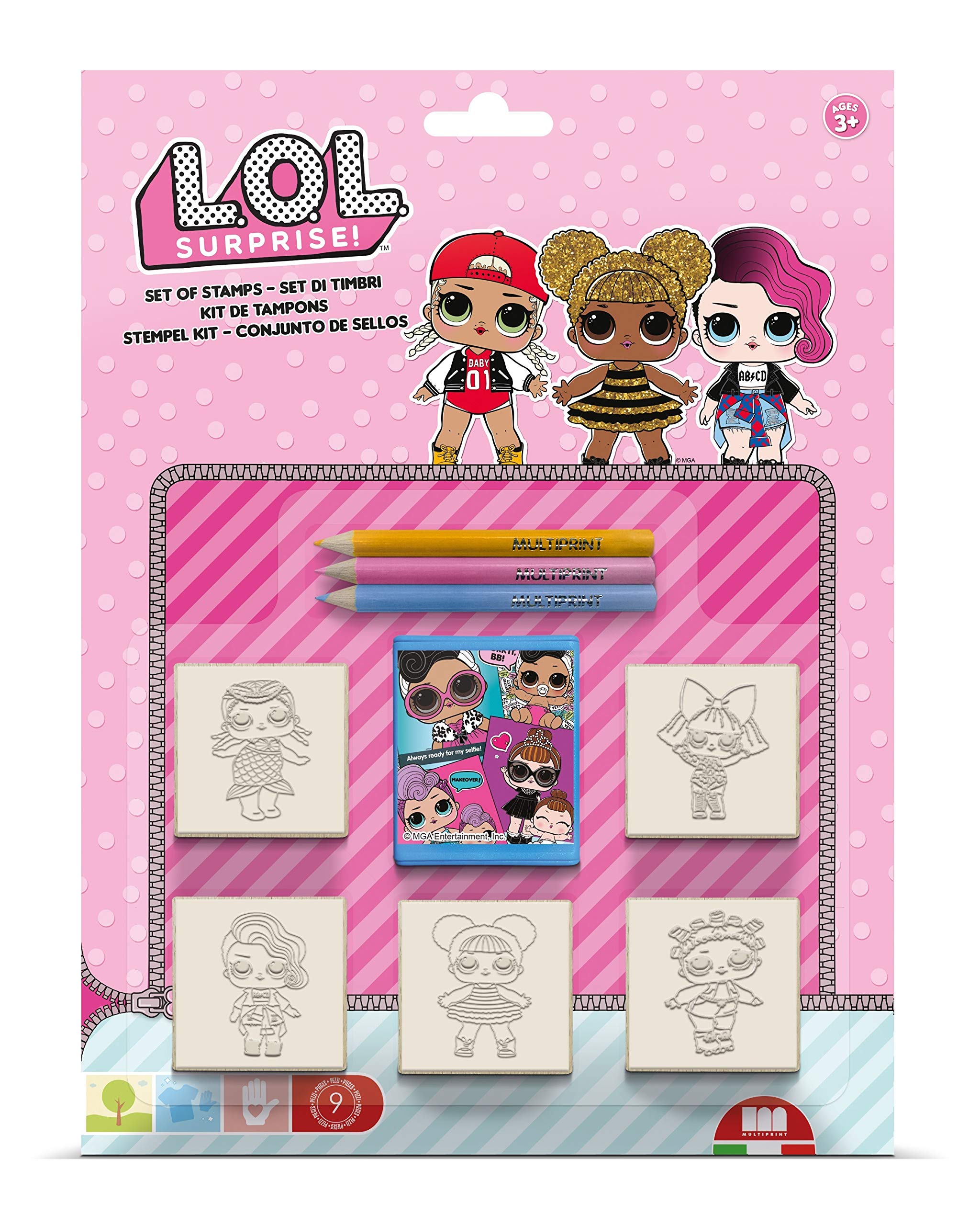 Multiprint Blister 5 Stamps for Kids Lol Surprise, 100% Made in Italy, Personalized Stamps for Children, in Wood and Natural Rubber, Non-toxic Washable Ink, Gift Idea, art.05980