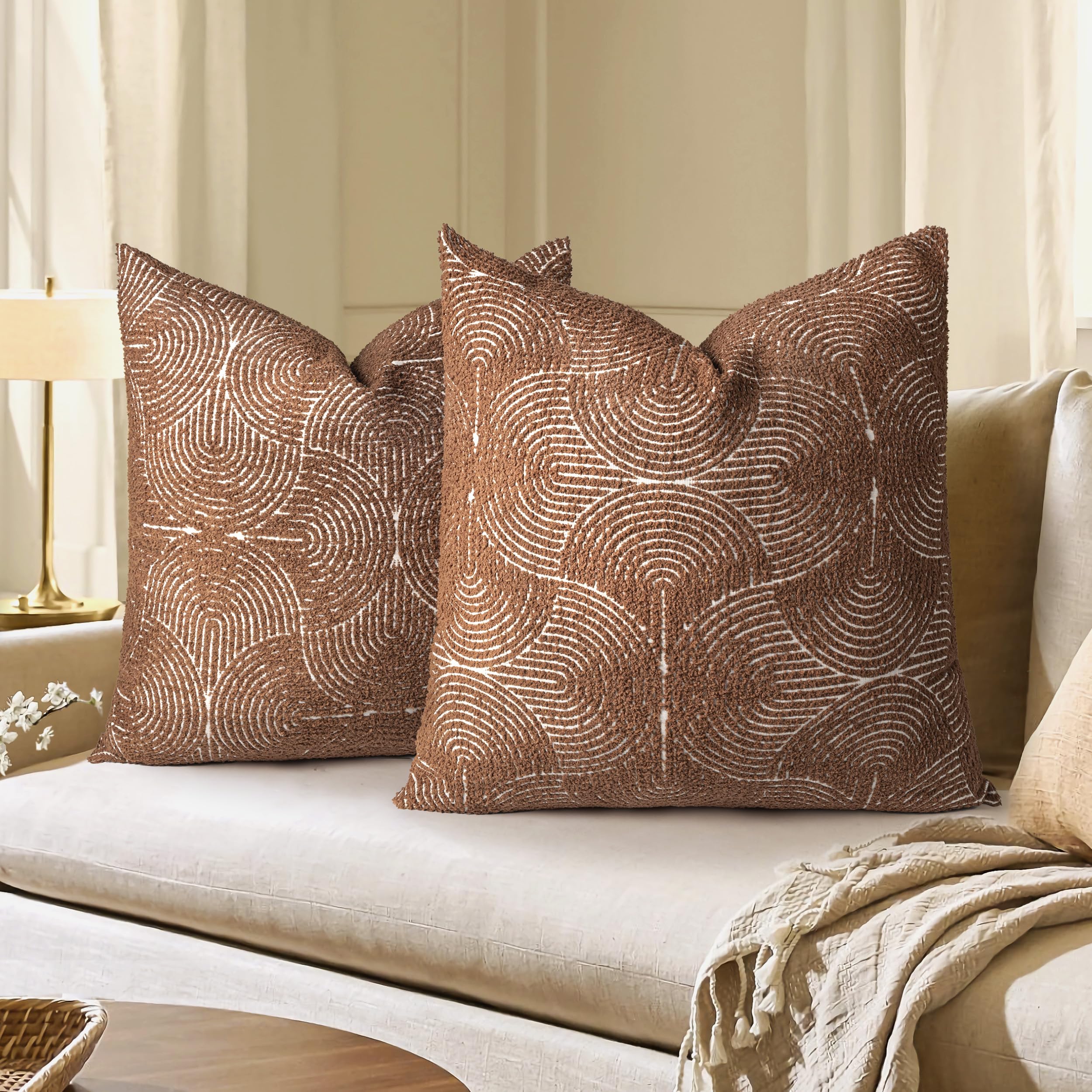AELS Boho Decorative Textured Throw Pillow Covers 24x24, Modern Mid Century Rainbow Tufted Pillow Case, Farmhouse Rustic Geometric Woven Cushion Case for Bed Couch Sofa, Burnt Orange