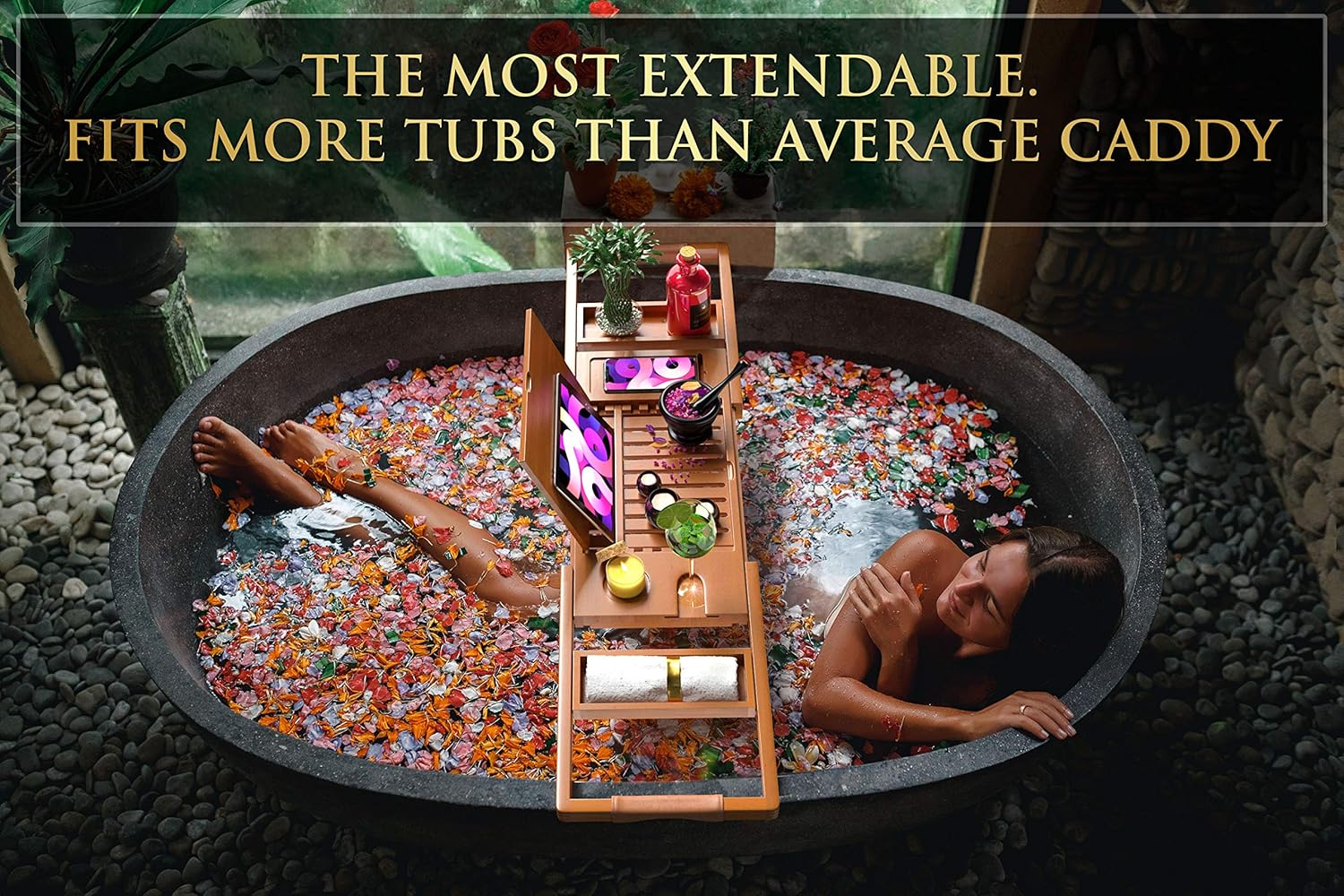 YM Lux Craft Bamboo Bathtub Caddy Tray [Durable, Non-Slip], 1-2 Adults Expandable Bathtub Tray, Beautiful Gift Box, Fits Any Tub Bath - Holds Book, Wine, Phone, Ipad, Laptop: Kitchen & Dining