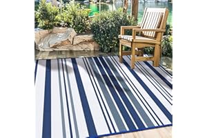 KALAFUN Outdoor Patio Rug Waterproof Camping - Outdoor Rugs Carpet, Plastic Straw Area Rug for Patios Clearance RV, Outside Porch Rug Balcony RV Rug Deck Rug for Camper, Navy and White 5x8 ft