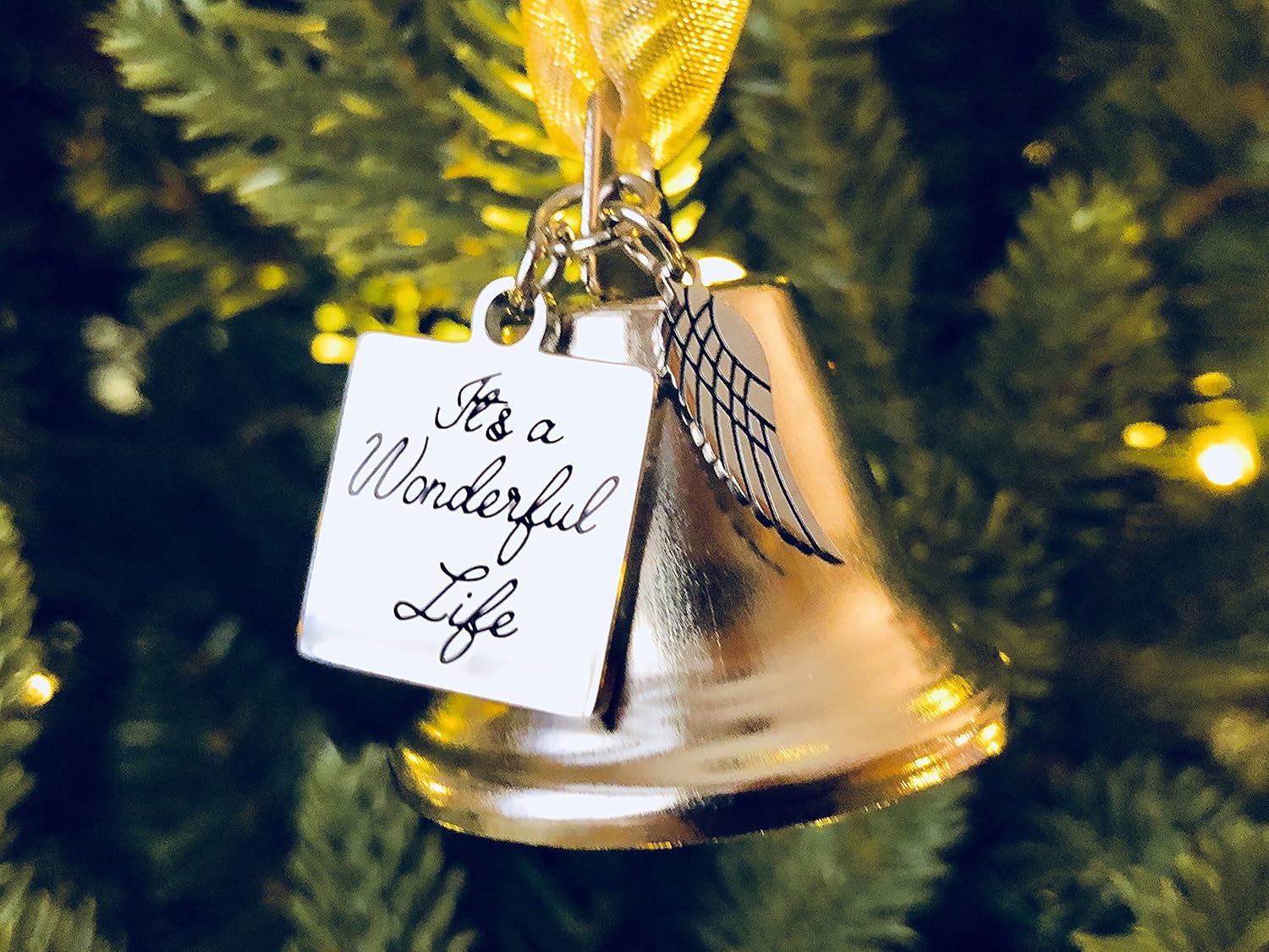 It's a Wonderful Life Inspired Christmas Angel Bell Ornament with Stainless Steel Angel Wing Charm. New Larger Size and Now Comes with 2 Interchangeable Ribbons.: Kitchen & Dining