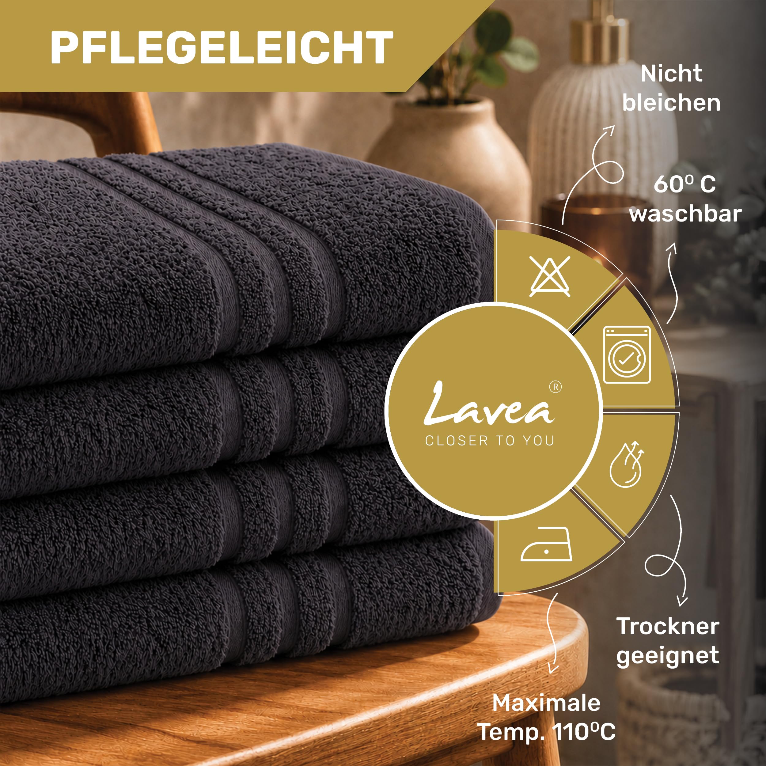 Lavea® 4er Set Handtücher 50x100 cm, Elena Frottiererie, 100% Baumwolle, Saugstark & Weich, Handtücher Set, Waschbar, Trocknergeeignet, Gäste Handtücher, Frottierhandtuch - Anthrazit 2