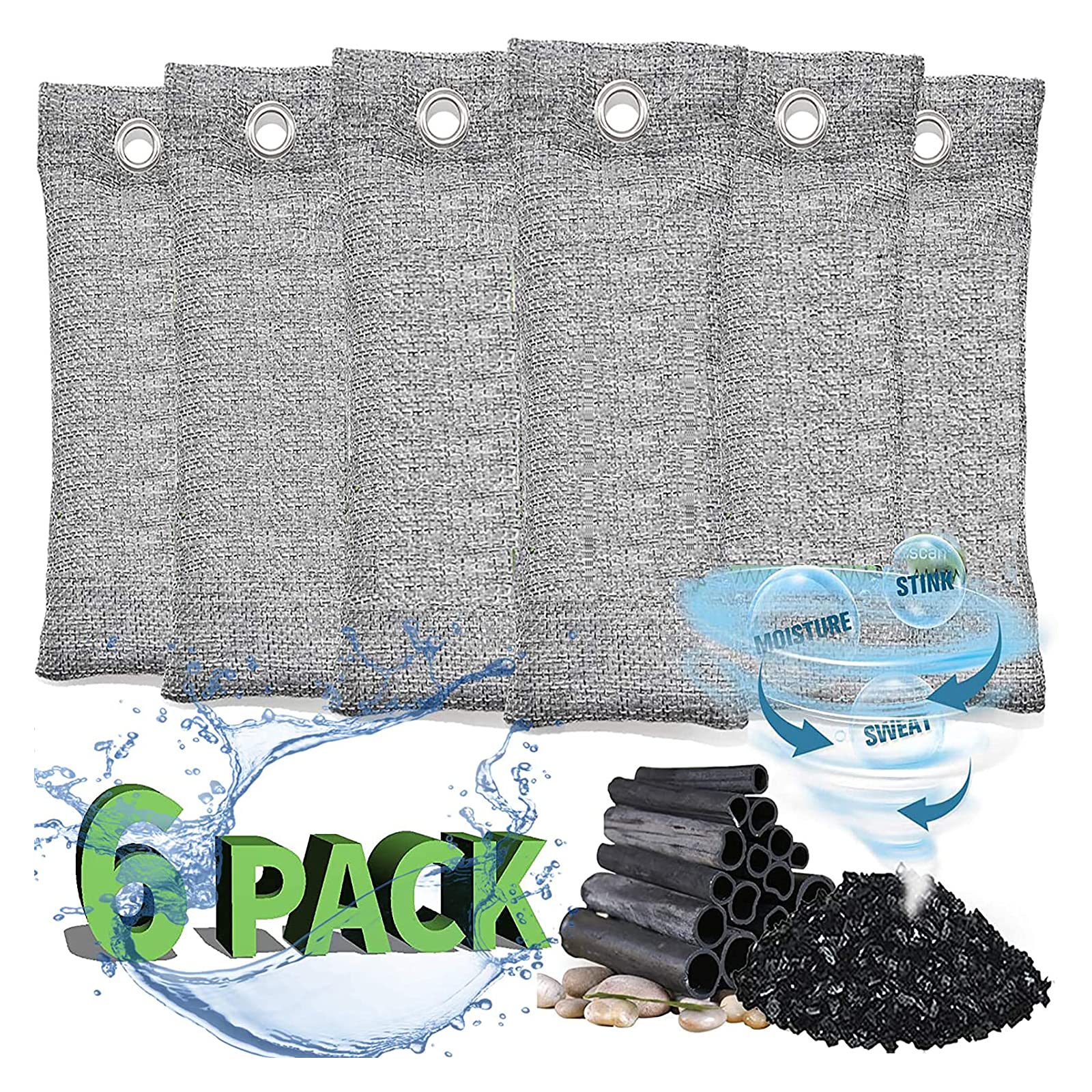 RUN HELIX Bamboo Air Purifying Bags, activated charcoal odour absorber, odour eliminator, shoe deodorizer, Used for Home, Car, Closet, Pet, Fridge, Smoke Room Deodorizer ๏ผ6x50g๏ผ