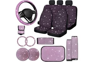 Jusen 17 Pack Bling Car Seat Covers Set Car Diamond Accessories Rhinestone Crystal Steering Wheel Cover, Bling Velvet Breathable Glitter Center Console Pad Universal Car Interio(Full Set/Pink)