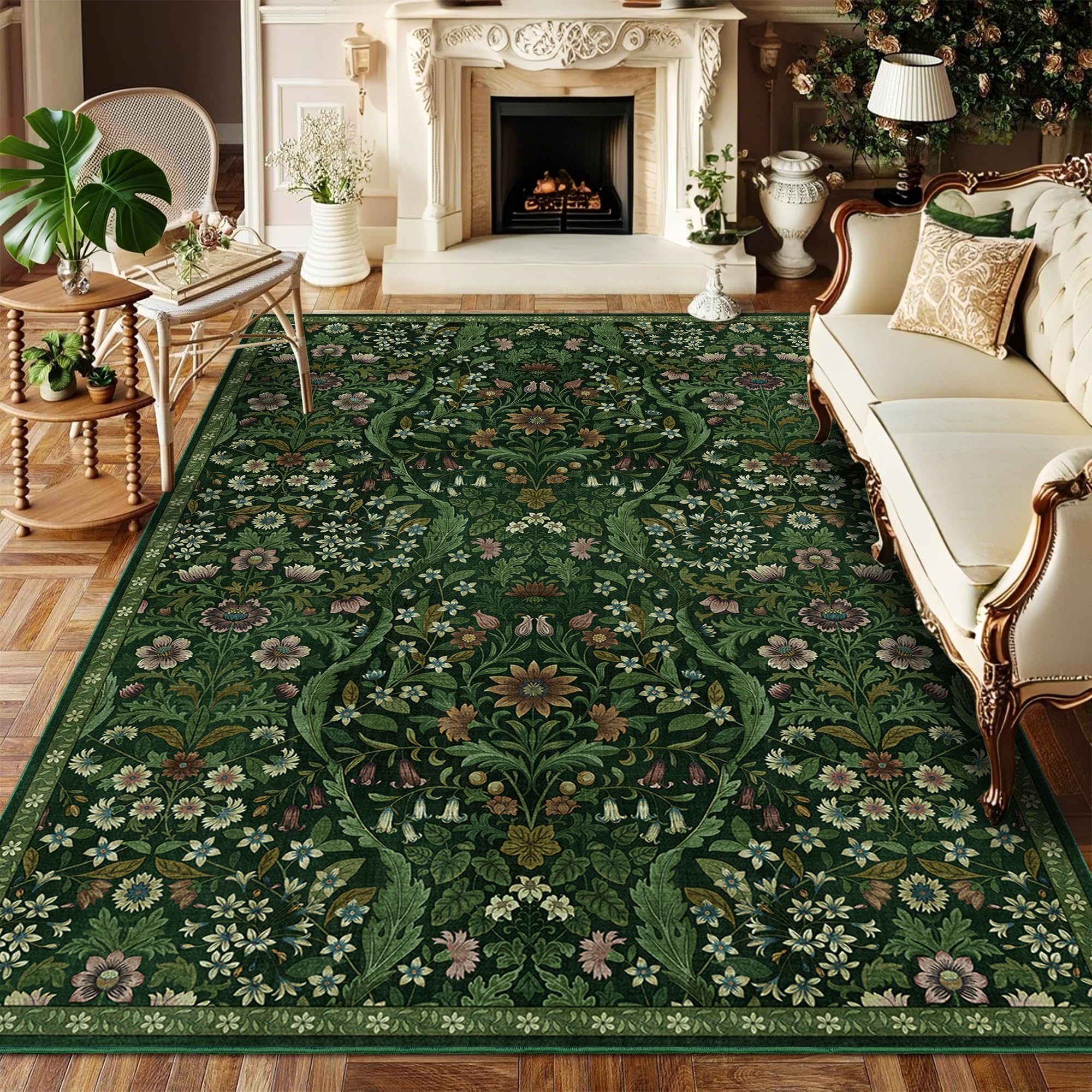Photo 1 of 5×7 Dark Green Washable Floral Area Rug,Vintage Boho Soft Low-Pile Living Room Rugs, Stain Resistant Botanical Non-Slip Carpet for Bedroom,Dining Room, Kids Nursery,Home Decor