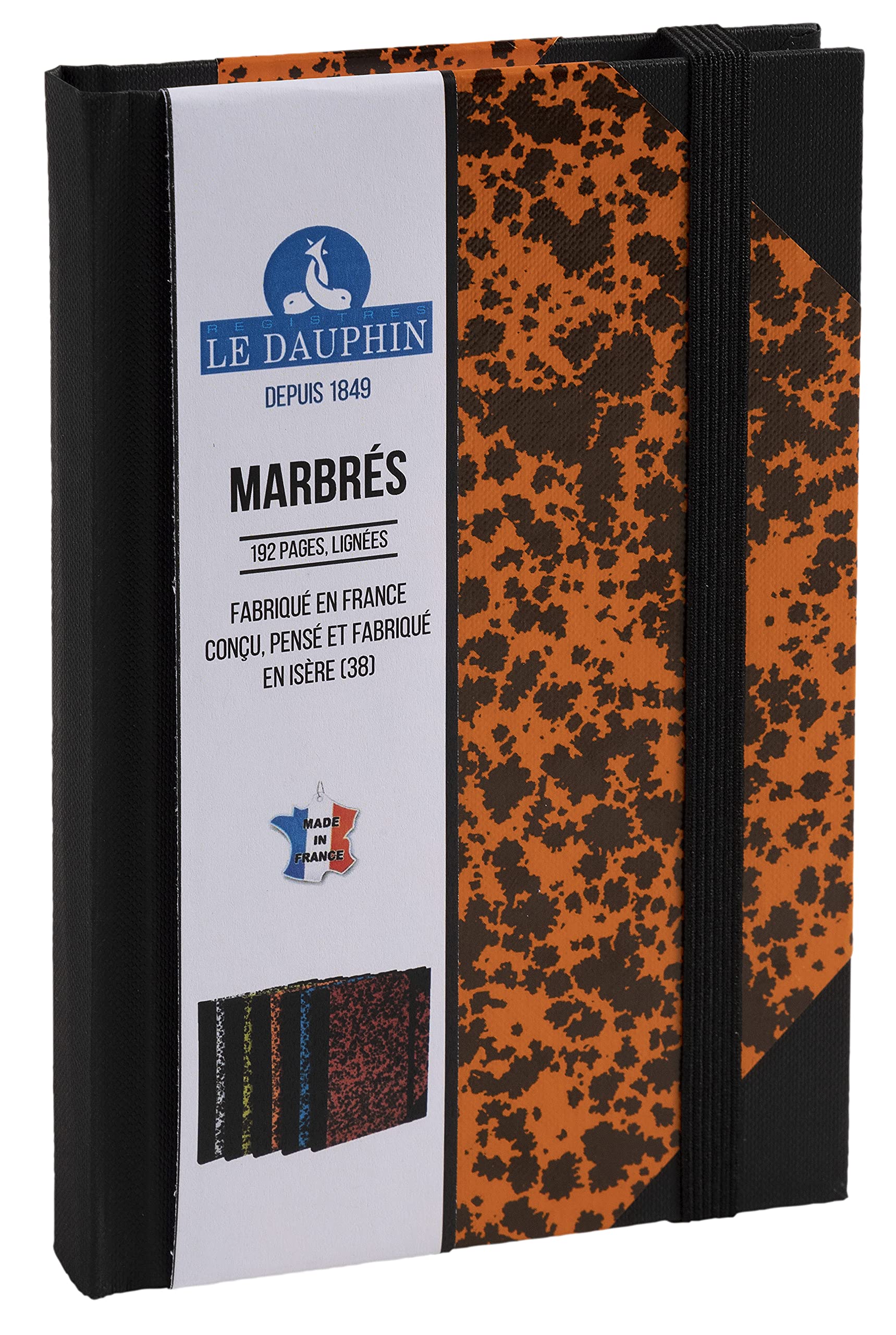 Le Dauphin - Ref. 167204D - 1 notebook - lined interior print - with black elastic closure band - dimensions 17 x 11 cm - vertical format - 192 pages - orange marbled cover