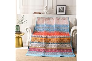 Qucover Boho Quilt Throw, Quilted Blanket 59” x 79”, Lightweight Microfiber Bohemian Quilts, Reversible Twin Quilt Bed Spread for Bed and Couch, Bright Colorful Red, Orange and Blue Quilted Throw