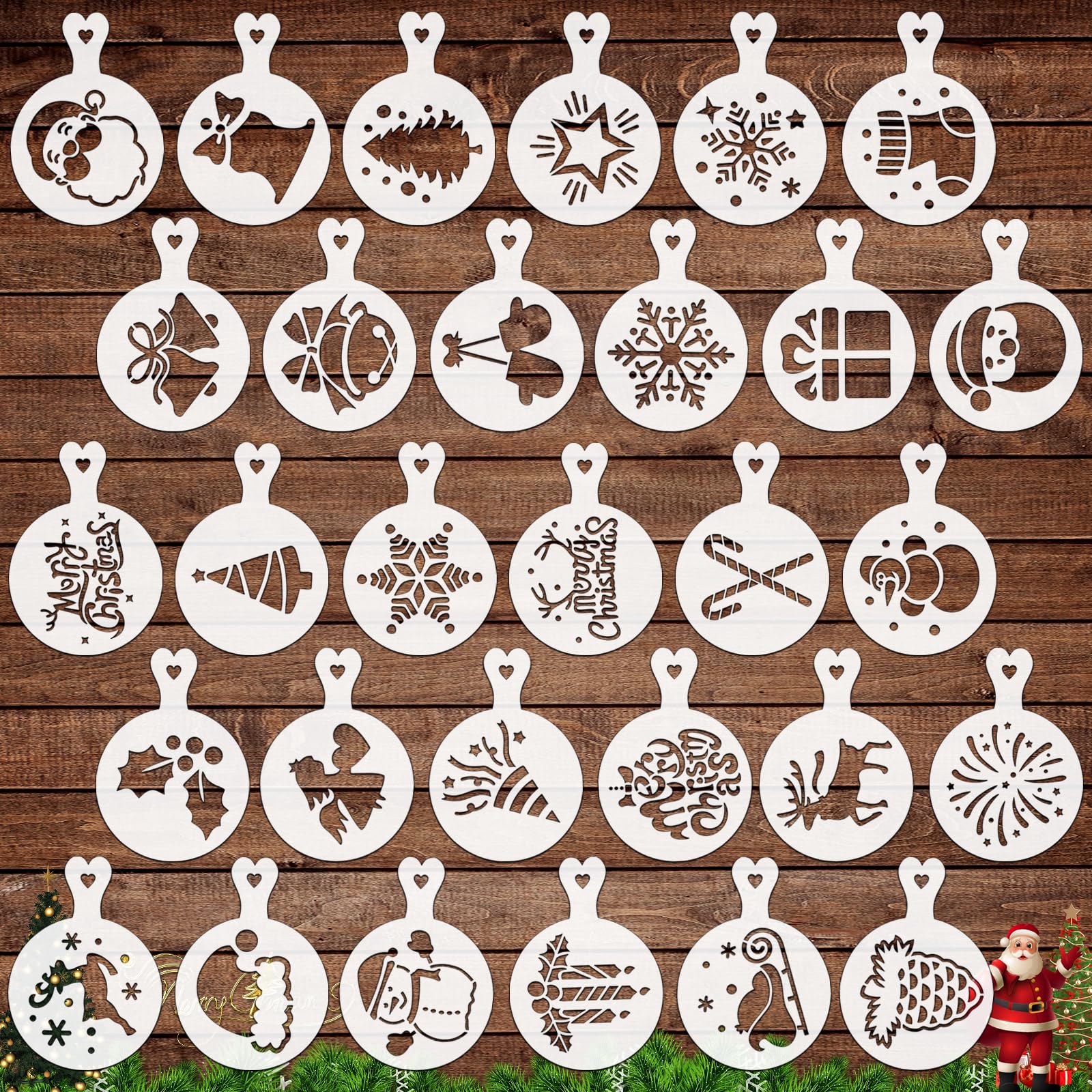 OOTSR 30 Pcs Coffee Stencils for Decoration, Latte Art Baking Decorating Stencil for Cookie Cake Tart DIY, Reusable Painting Templates Barista Tool for Christmas