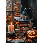 AuraDraw Witch Hat Diamond Art Kits for Adults, Halloween Book Diamond Painting Kits for Adults, Round Full Drill Diamonds for Home Decor-12x16inch