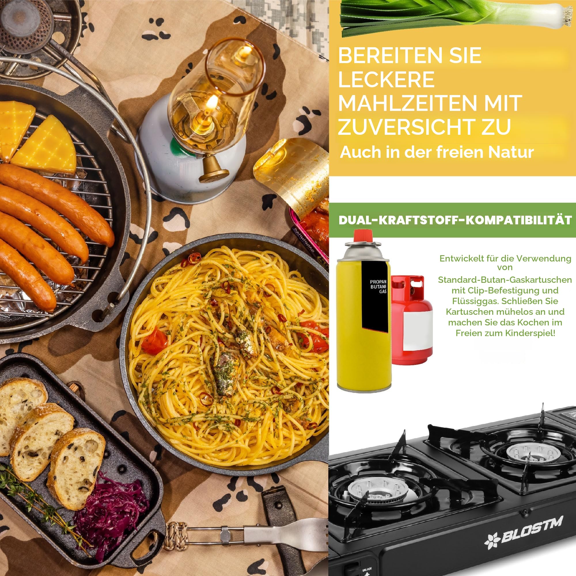 BLOSTM Gaskocher Camping Tragbarer - Camping Kocher 2 Flammig mit Automatischem Zündsystem & Wärmeregulierung - Verwendung mit Butangas oder LPG - Campingkocher für Grill, Wohnwagen 5