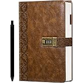 CAGIE Vintage Diary with Lock 256 Pages Leather Journal with Lock Spine Embossing Hardcover Locked Journal with Pen, 7 x 9 Inch Diary for Men Women, Black