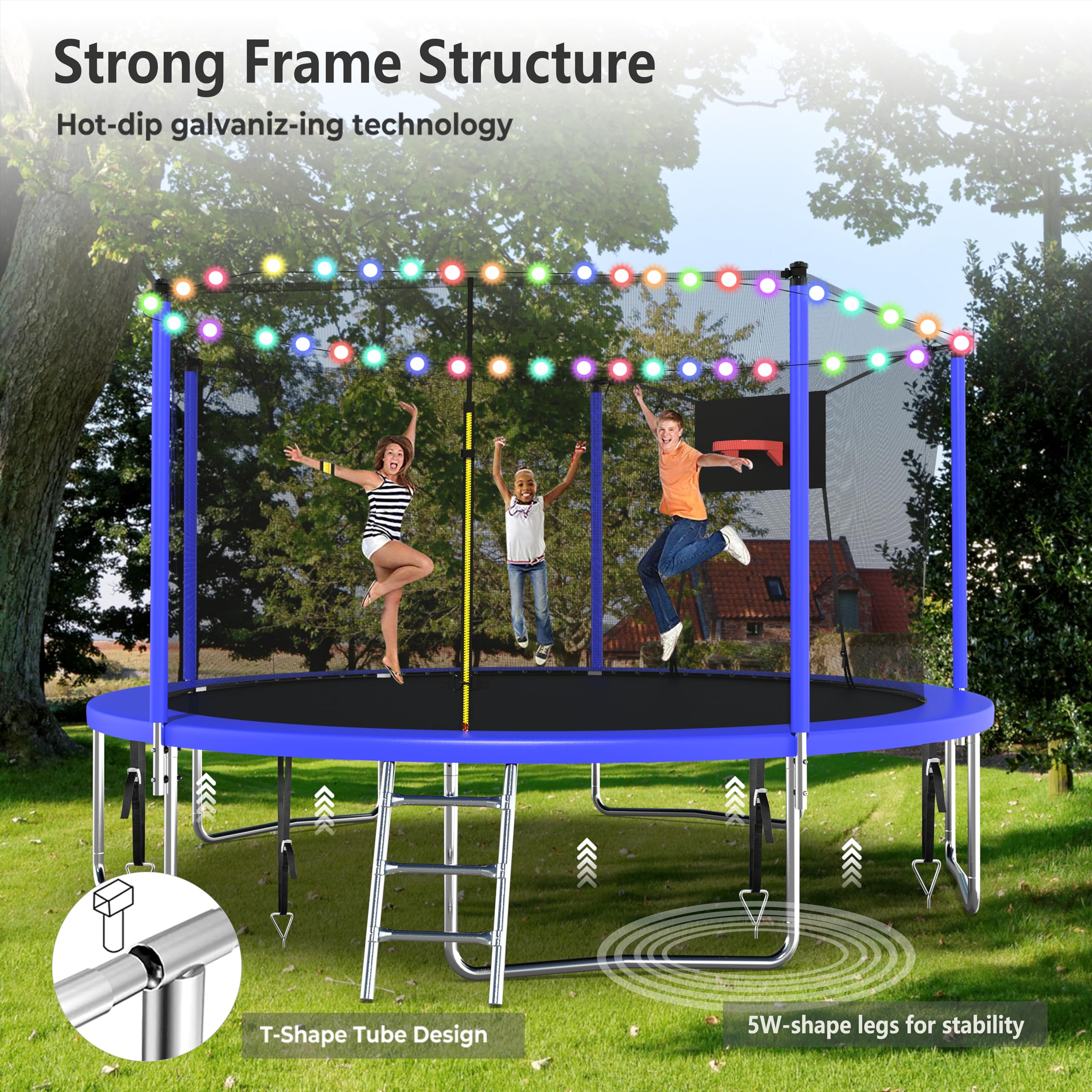 Lyromix Upgraded 14FT Trampoline for Kids and Adults, Large Outdoor Trampoline with Stakes, Light, Sprinkler, Backyard Trampoline with Basketball Hoop and Net, Capacity for 4-6 Kids and Adults