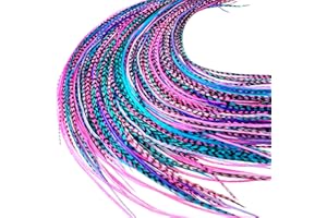 FEATHER HEADZ 50 Purple Pink & Turquoise Color Hair Feathers - 9”- 14” Long - Feathers for Hair Extension, Hair Extension DIY Kit - Eye-Catching Design - 50 Micro-link Beads - 100% Real Rooster Feathers