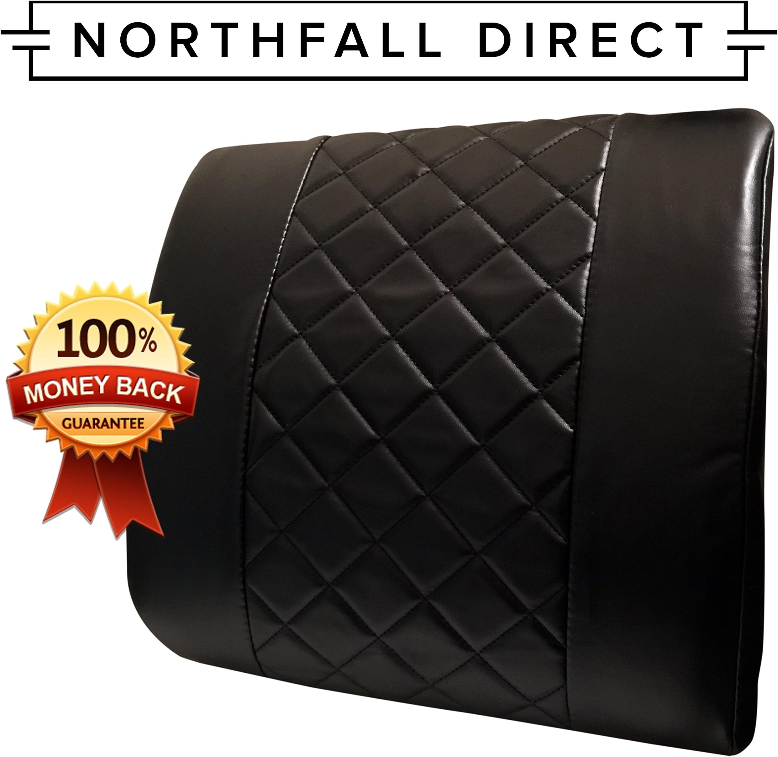 Premium PU Leather Lumbar Support by NorthFall Direct - Lower Back Pillow Cushion for Car Seats, Home, Office Chair, Airplanes and More! Includes Seat Strap - Lifetime Guarantee (Black)