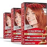 Revlon ColorSilk with Bond Repair Complex, Permanent Hair Color, 100% Gray Coverage, Ammonia Free Dye, Vegan Keratin, 45 Bright Auburn, 3 pack