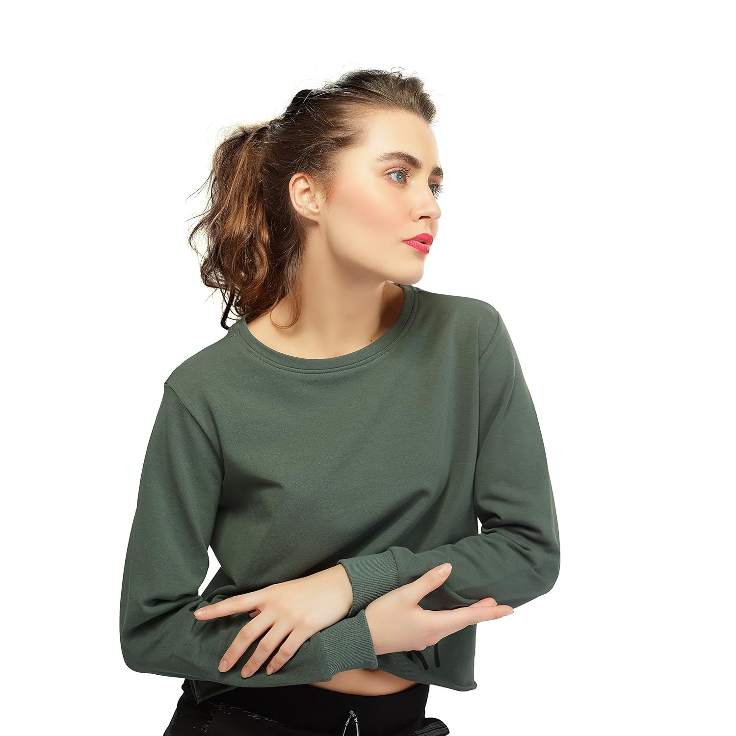 zeyo women heavy cotton olive crop top full sleeve round neck solid plaintees