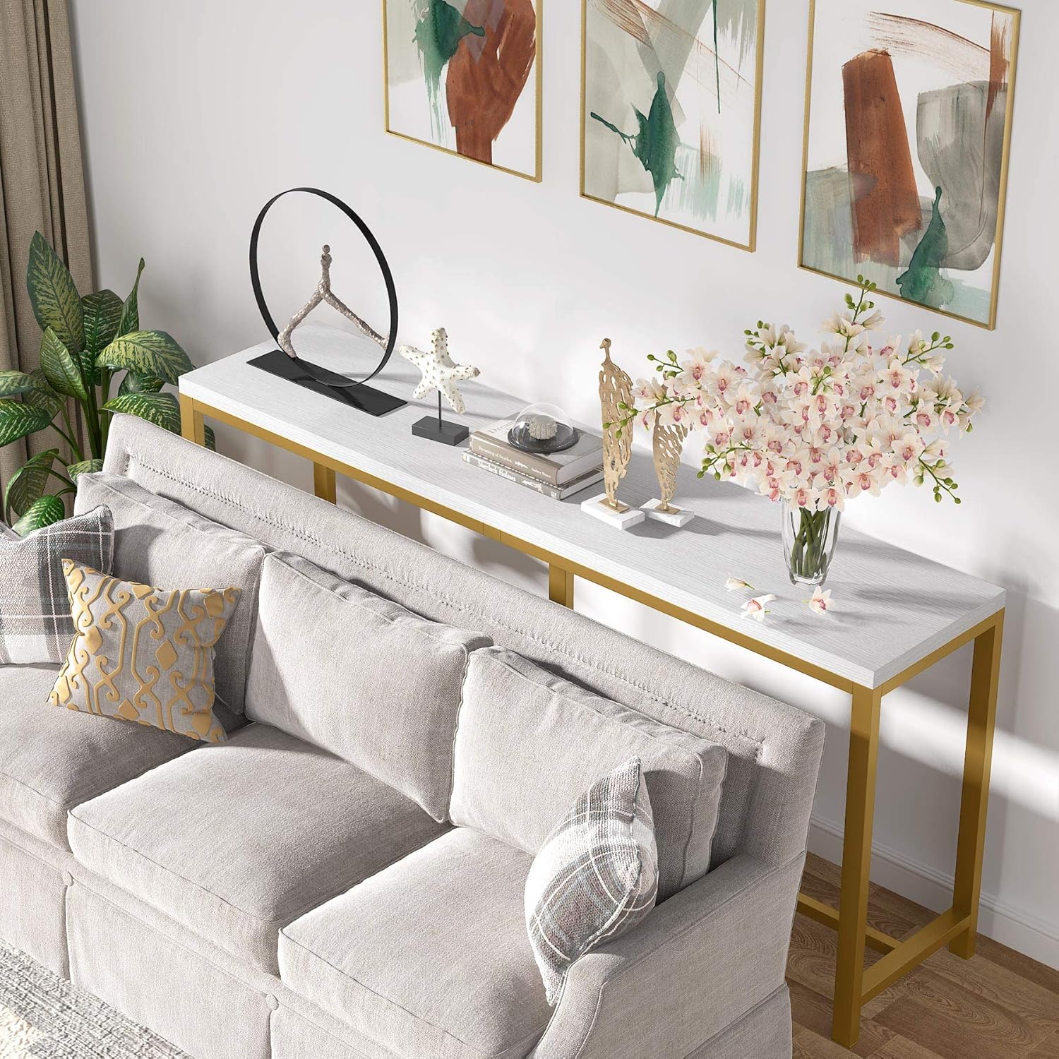 Tribesigns 70.9 inch Extra Long Sofa Table, Gold Console Table Behind Sofa Couch, Narrow Long Entryway Table Industrial Skinny Hallway Table for Living Room (Gold and White): Kitchen & Dining