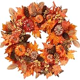 Sggvecsy Fall Wreath 20’’ Autumn Front Door Wreath with Various Pumpkin Cluster of Berries Maple Leaves Pine Cones for Outside Indoor Wall Window Festival Thanksgiving Harvest Autumn Fall Decor
