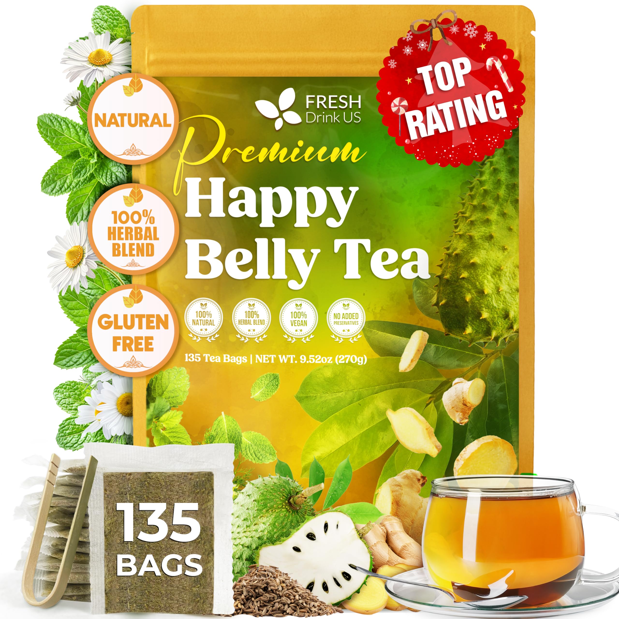 FreshDrinkUS, Premium Happy Belly Tea | 135 Tea Bags | Herbal Tea Blend with Soursop Leaves, Ginger, Fennel Seed, Lemon Balm, Cinnamon, Papaya Leaves & Rose Hip – Naturally Caffeine Free. Sugar Free Image