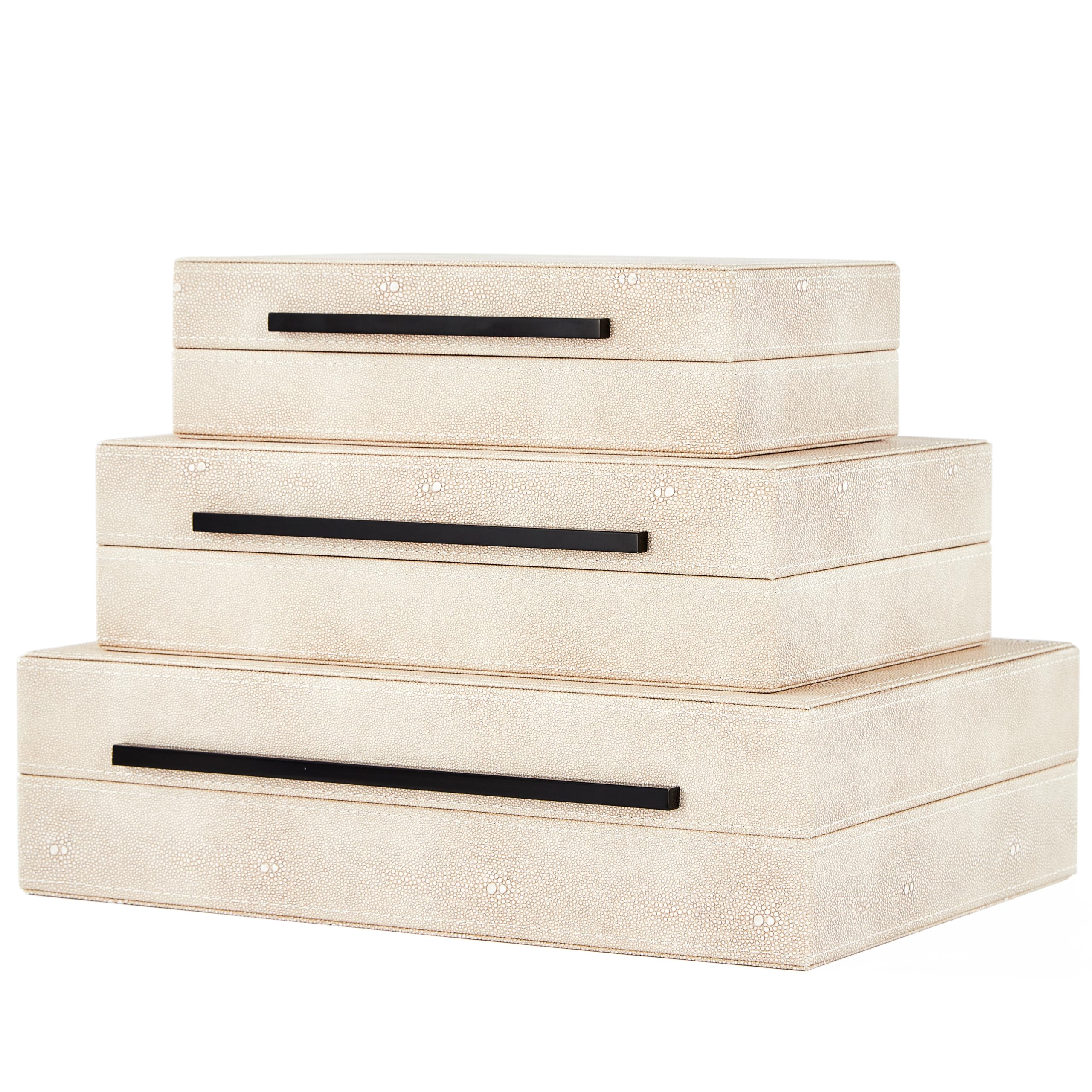 Photo 1 of Denique Shagreen Decorative Boxes Set of 3, Leather Jewelry Storage Box Modern Storage Boxes with Lids, Ivory Stacking Boxes with Black Metal Handles Home Organizer Box