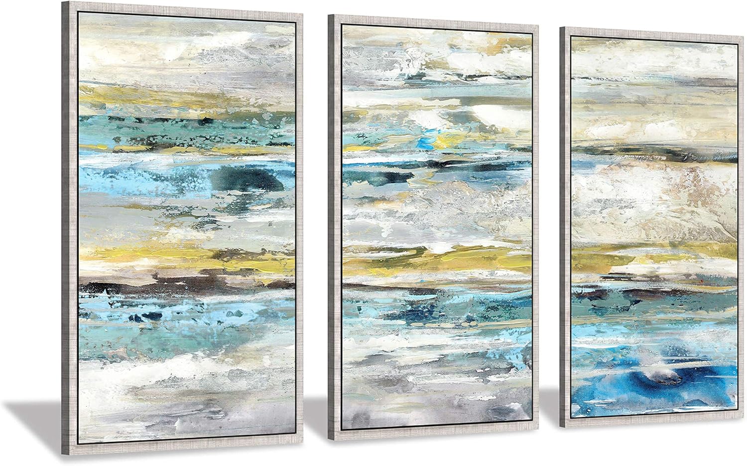 Abstract Seascape Wall Art Framed: Aqua Beach Painting with Hand Panted Silver Foil Canvas Print Artwork Frame for Wall Decor (20” x 34” x 3pcs)