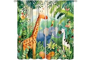 SYZWWSYX Cartoon Safari Animal Curtains for Kids Bedroom Decor, Tropical Jungle African Forest Animals Theme Print Drapes for Living Room Kitchen Nursery Dinning Room, 42x45 Inch