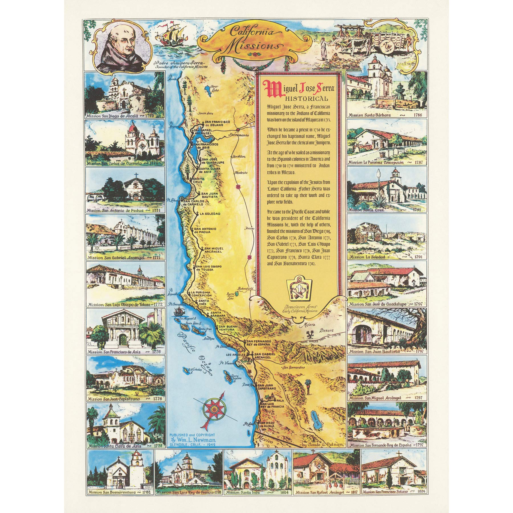 Artery8 Map Putnam 1949 California Missions History Large Wall Art Poster Print Thick Paper 18X24 Inch