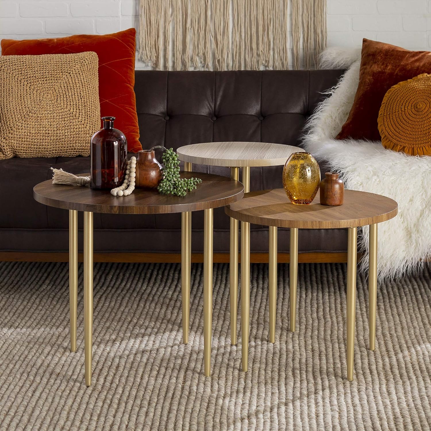 Walker Edison Furniture Company 3 Piece Modern Round Nesting Coffee Table Set Living Room Accent Ottoman Storage Shelf, Set of 3, Dark Walnut: Furniture & Decor