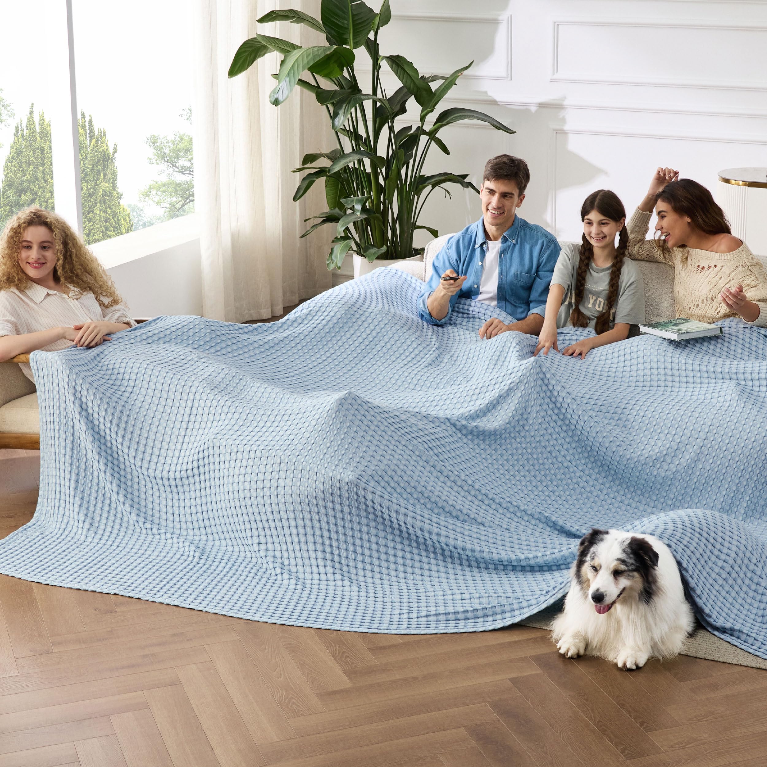 Photo 1 of Bedsure Cooling Cotton Waffle Oversized King Blanket - Lightweight Breathable Rayon Derived from Bamboo for Hot Sleepers, Luxury Throws for Bed and Sofa, Blue, 120x96 Inches