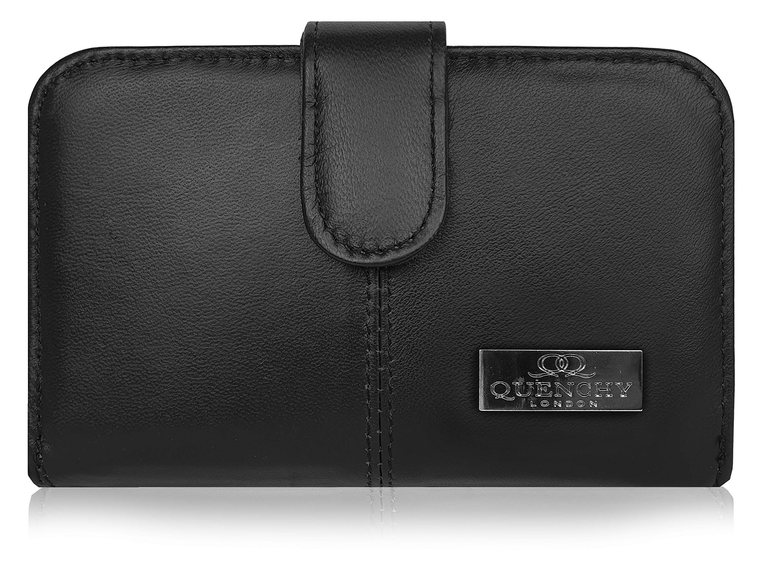 Quenchy London Real Leather Purse RFID Blocking with 2 Zipped Coin Sections, 5 Coin Trays, 6 Credit Debit Cards Spaces Slots 14cm x10 x3 QL225KRFIDX (Black Gift Boxed)