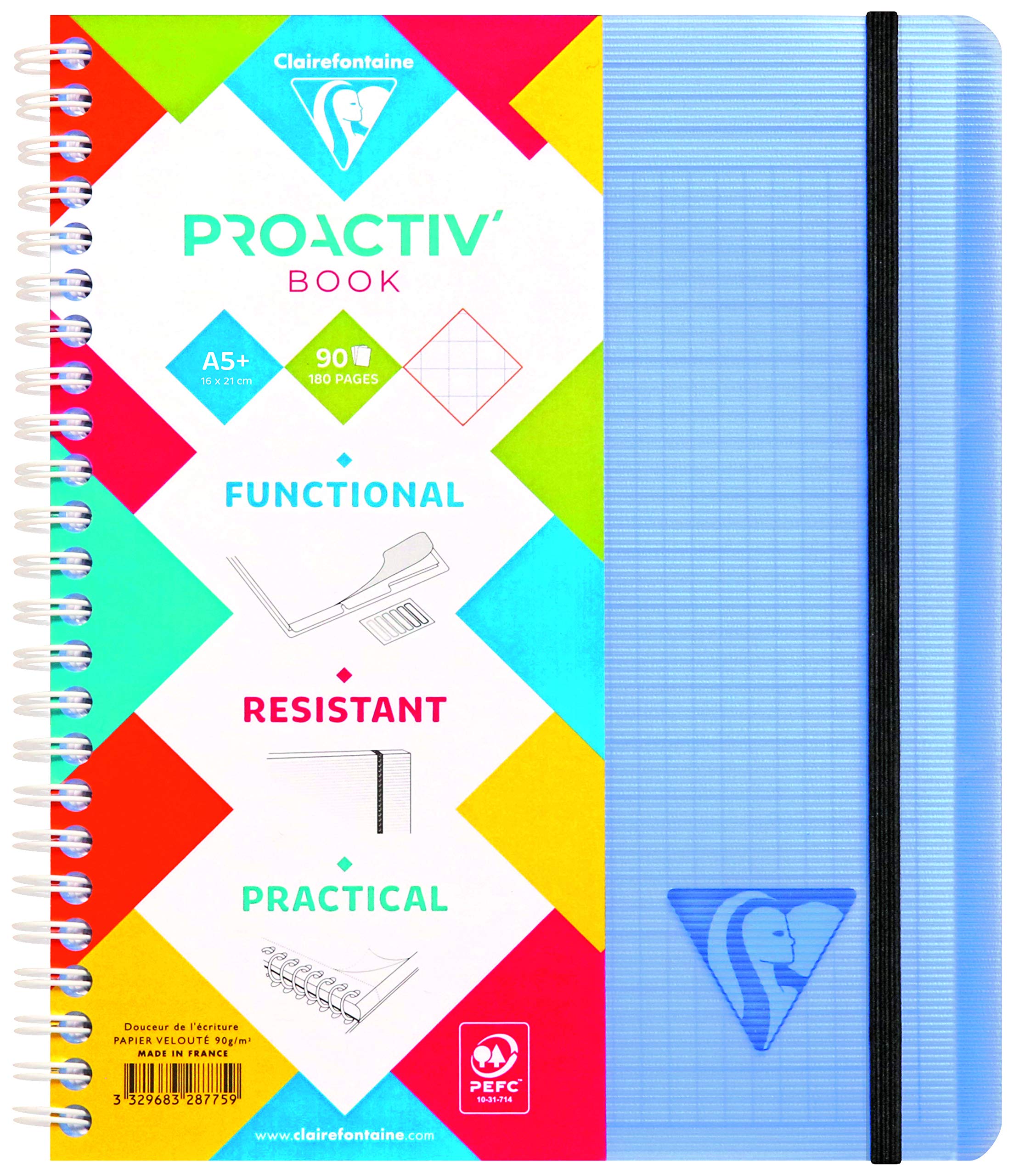 Clairefontaine 328775C LiniColour Pack of 5 Proactiv'Book Notebooks A5+ 16x21 - 160 Pages Small Squares - White Paper 90g - Polypro Cover - Random Colours