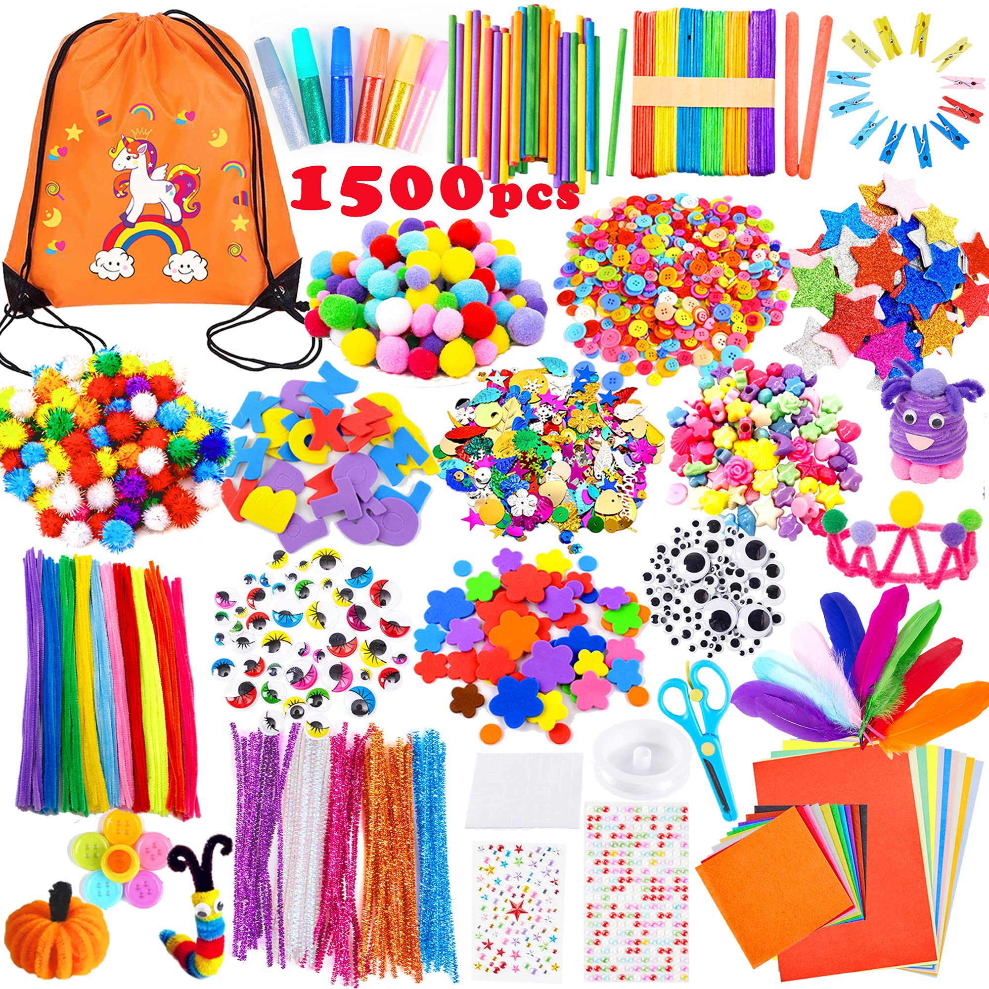 Yetech Arts and Crafts Supplies for Kids-1500+pcs Craft Kits for Kids with Unicorn Storage Bag, Craft Art Supply, DIY Crafting Set, Pipe Cleaners, Pom Poms, Googly Eyes, Feathers, Beads, Ages 4-12