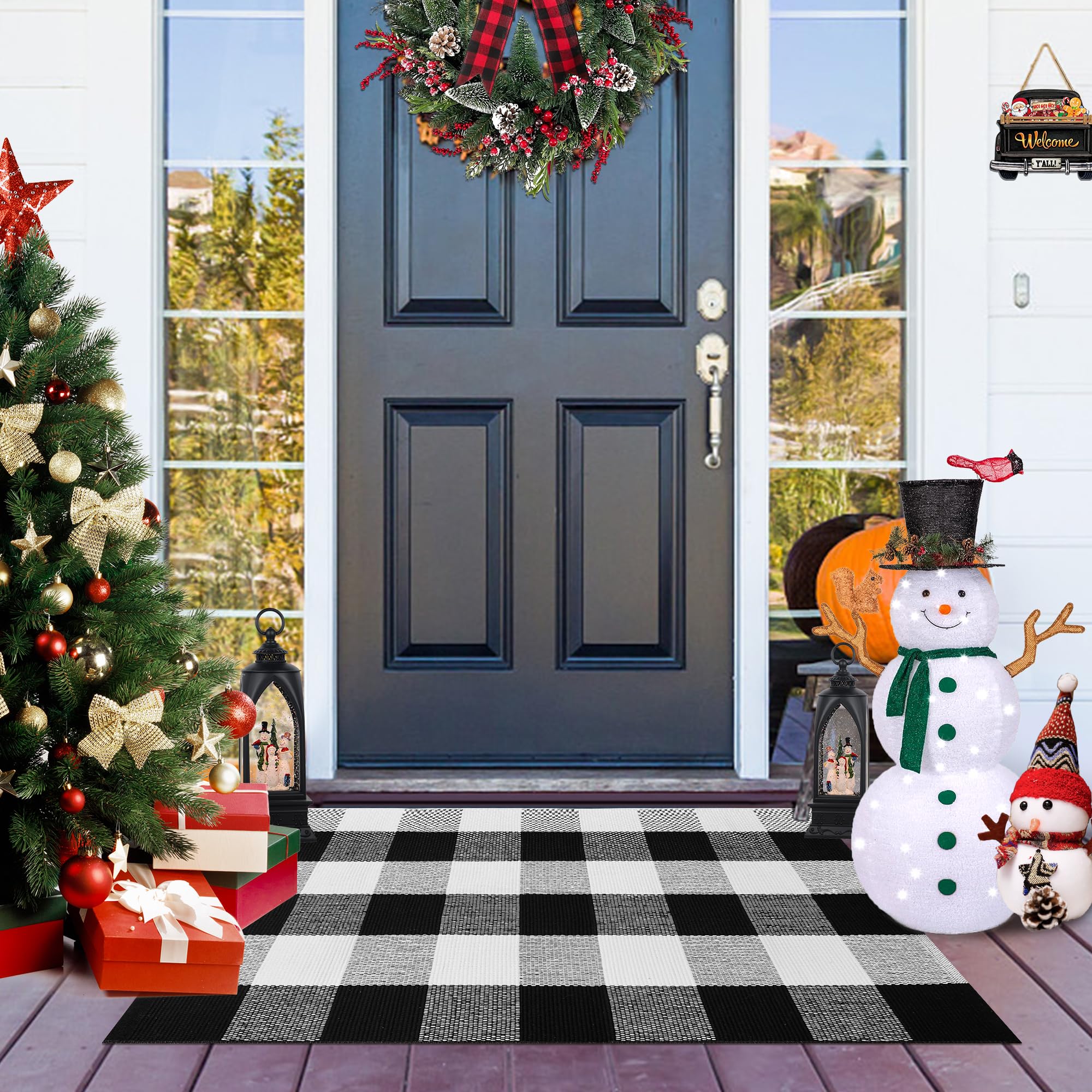 Photo 1 of Aoczes Buffalo Plaid Outdoor Rug 2x3 Cotton Woven Rug Black and White Checkered Rug Washable Front Porch Rug Fall Layered Door Mats Carpet for Indoor Outdoor Entryway Farmhouse Decor Area Rug