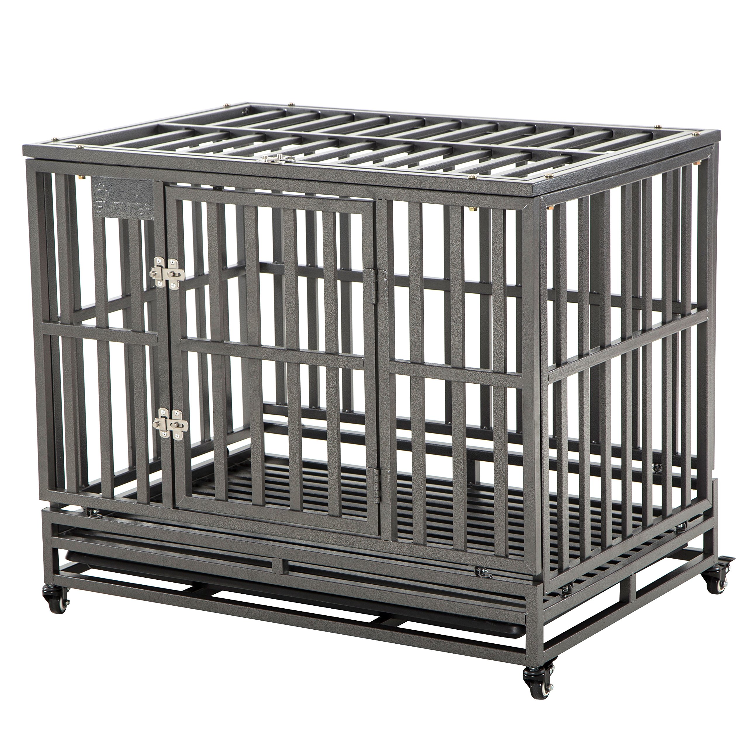 SMONTER Heavy Duty Dog Crate Strong Metal Pet Kennel Playpen with Two Prevent Escape Lock, Large Dogs Cage with Wheels