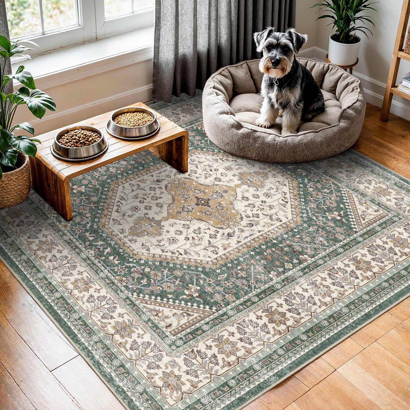 5X5 Square Rug for Living Room - Washable Kitchen Area Rug with Non Slip Rubber Backing for Bedroom Indoor Soft Stain Resistant Carpet Desk Rug for Pet-Friendly and Kitchen Decor Green/Beige Image