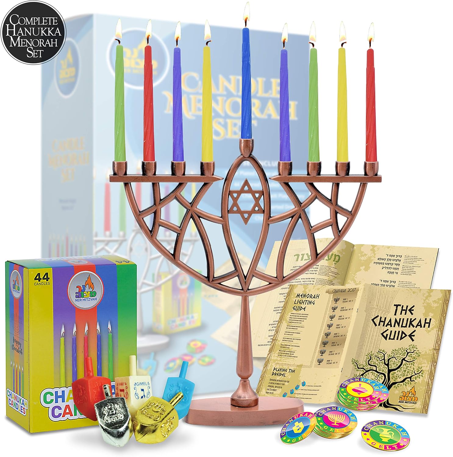 Ner Mitzvah Menorahs for Chanukah - Complete Set Hanukkah Menorah - Menorah, Hanukkah Candles, Dreidels, Play Coins, Guide: Home & Kitchen