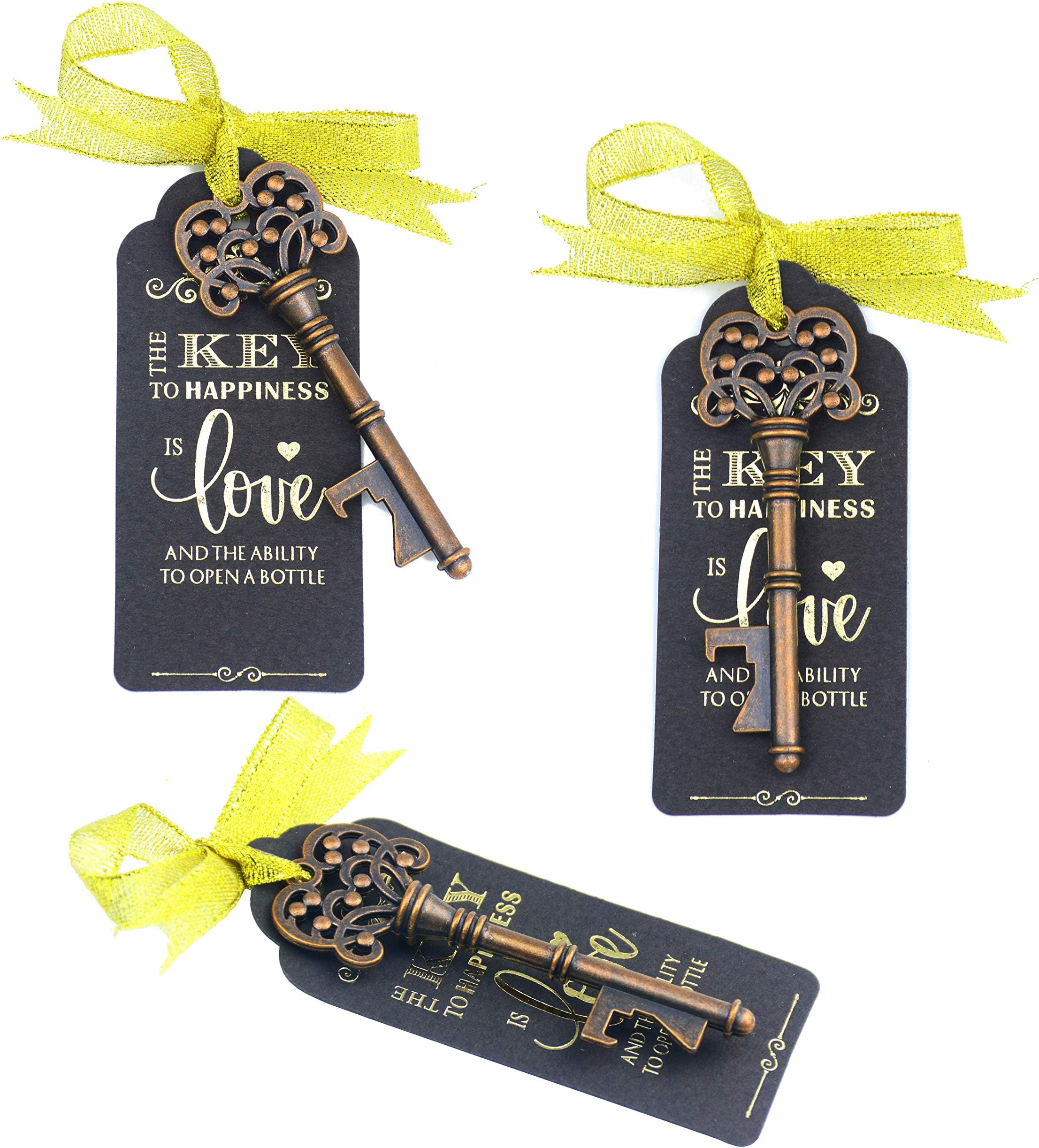 Aokbean 52pcs Antique Rustic Vintage Skeleton Key Bottle Opener Wedding Favor Guest Souvenir Gift Set with Escort Thank you Card and Ribbon (Antique Copper)